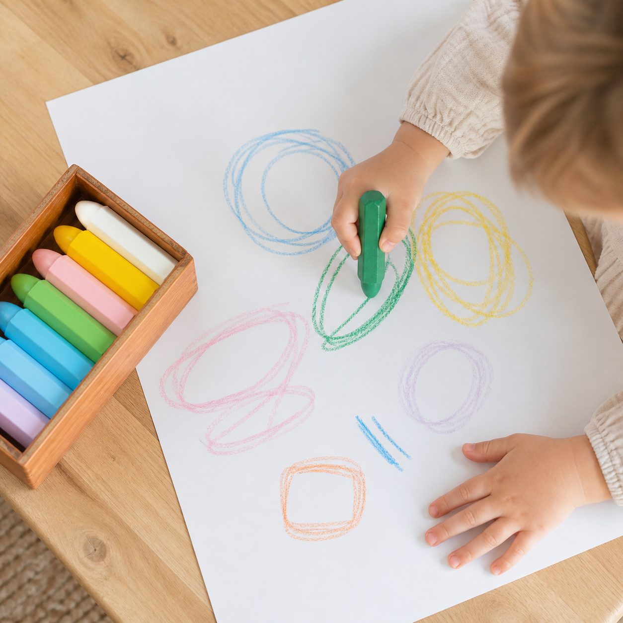 A toddler drawing loops on paper with a green hexagon crayon, a tray of crayons beside the page